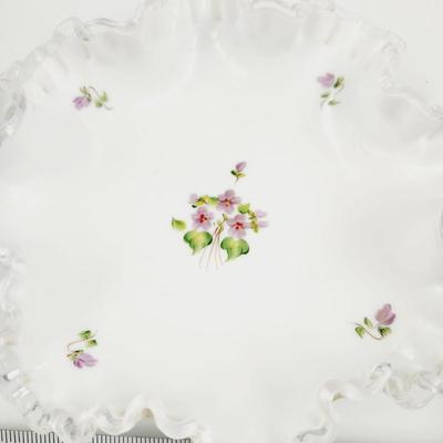 VINTAGE FENTON MILK GLASS SILVER CREST "VIOLETS IN THE SNOW" HAND PAINTED BASKET