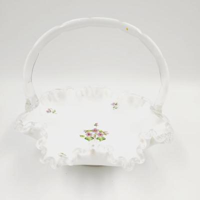VINTAGE FENTON MILK GLASS SILVER CREST "VIOLETS IN THE SNOW" HAND PAINTED BASKET