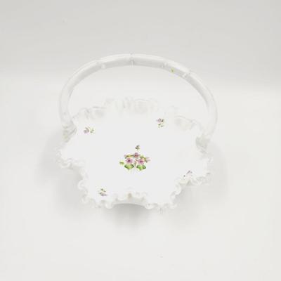 VINTAGE FENTON MILK GLASS SILVER CREST "VIOLETS IN THE SNOW" HAND PAINTED BASKET