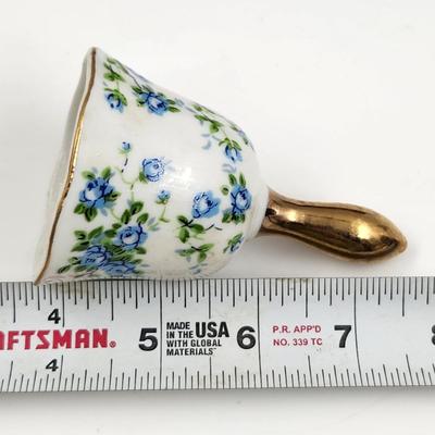 VINTAGE ENESCO JAPANESE WHITE W/ BLUE ROSE FLOWER GOLD GILT COVERED HANDLE BELL