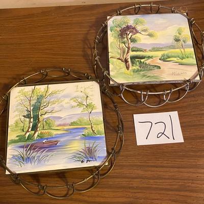 Vintage 1950s Signed Hand Painted Tile Trivets