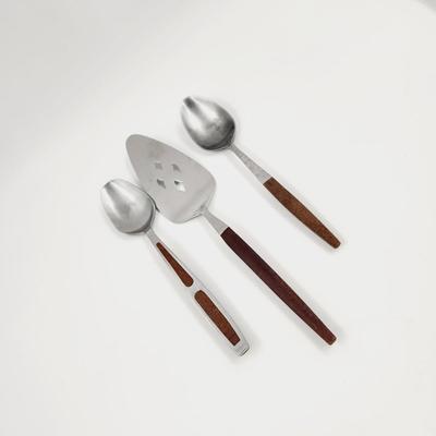VINTAGE WOODEN HANDLED STAINLESS SERVING UTENSILS