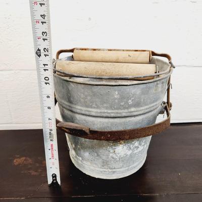 VINTAGE GALVANIZED METAL & WOOD MOP BUCKET