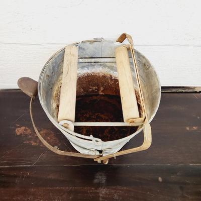 VINTAGE GALVANIZED METAL & WOOD MOP BUCKET