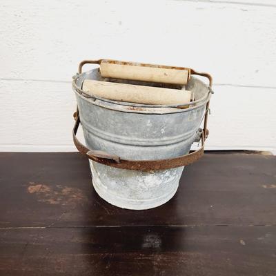 VINTAGE GALVANIZED METAL & WOOD MOP BUCKET