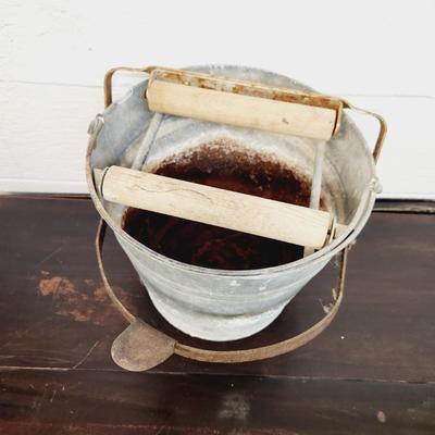 VINTAGE GALVANIZED METAL & WOOD MOP BUCKET