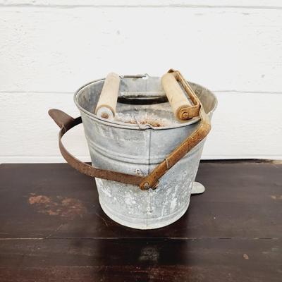 VINTAGE GALVANIZED METAL & WOOD MOP BUCKET