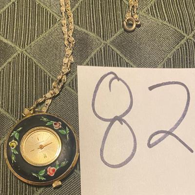 Vintage Swiss Lucerne Hand painted Clock Necklace