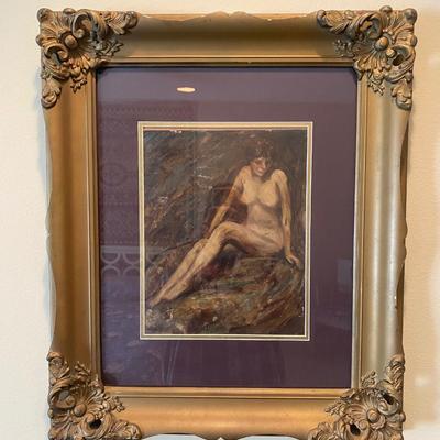 Vintage Nude Woman Painting with Ornate Corner Frame