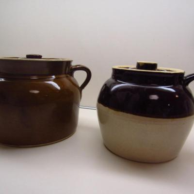 Two Glazed Ceramic Bean Pots with Lids