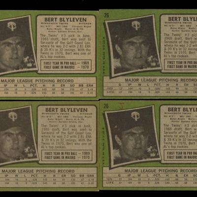 1971 TOPPS BASEBALL BERT BLYLEVEN ROOKIE LOT OF 4