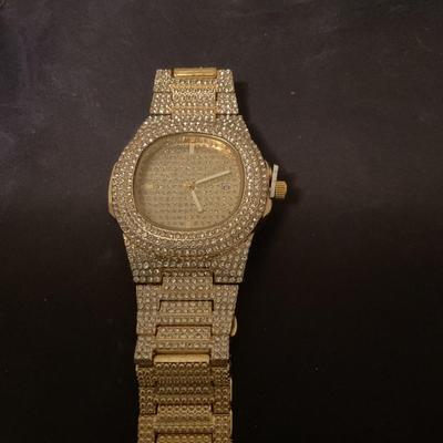 Never Worn Hip Hop Menâ€™s Crystal Diamond Pave Watch Gold Plated