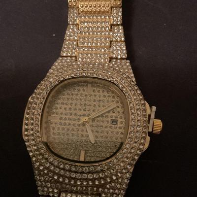 Never Worn Hip Hop Menâ€™s Crystal Diamond Pave Watch Gold Plated