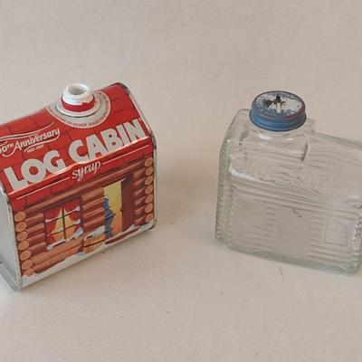 Vintage Log Cabin Glass Syrup Bottle with Coin Slot Lid includes Collector Tin