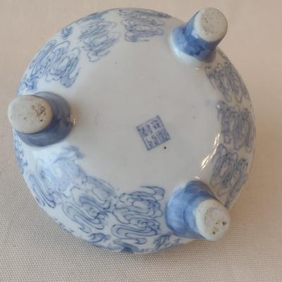 Mid Century Blue and White Pottery Two Dragons and Pearl Incense Footed Burner