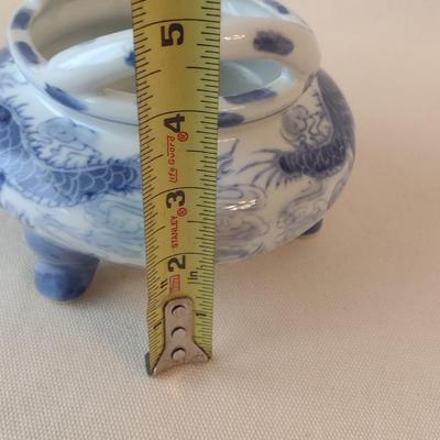 Mid Century Blue and White Pottery Two Dragons and Pearl Incense Footed Burner