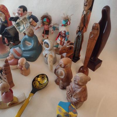 Collection of Pottery, Wood, and Ceramic Figurines Mostly Central and South American Influence