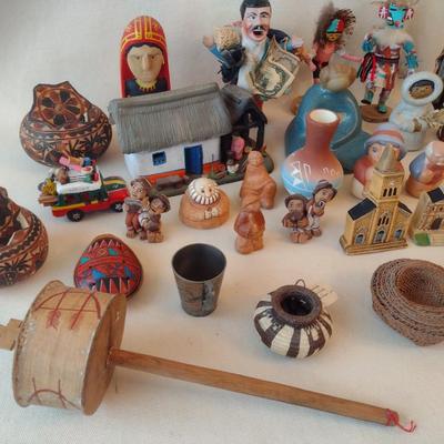 Collection of Pottery, Wood, and Ceramic Figurines Mostly Central and South American Influence