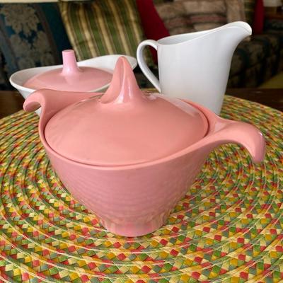 Pink and White Melmac 3pc Lidded Creamer Set