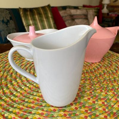 Pink and White Melmac 3pc Lidded Creamer Set