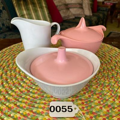 Pink and White Melmac 3pc Lidded Creamer Set