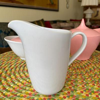 Pink and White Melmac 3pc Lidded Creamer Set