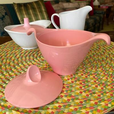 Pink and White Melmac 3pc Lidded Creamer Set