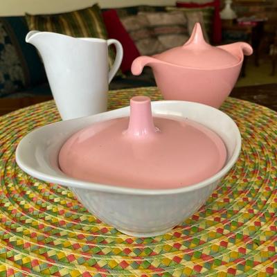 Pink and White Melmac 3pc Lidded Creamer Set