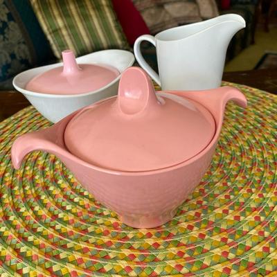 Pink and White Melmac 3pc Lidded Creamer Set