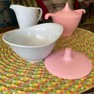 Pink and White Melmac 3pc Lidded Creamer Set