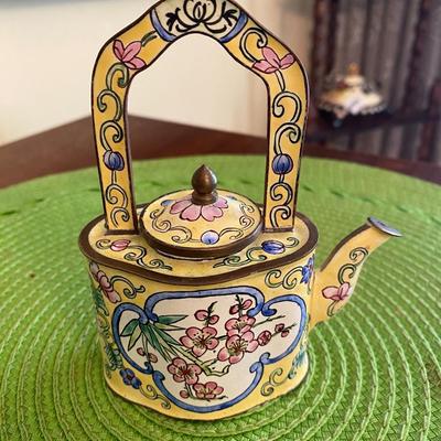 Kelvin Chen Enamel Teapot Yellow with Pink Peonies