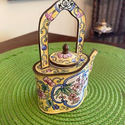 Kelvin Chen Enamel Teapot Yellow with Pink Peonies
