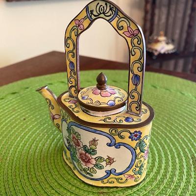 Kelvin Chen Enamel Teapot Yellow with Pink Peonies