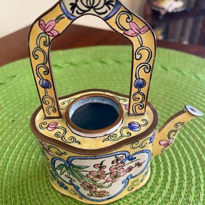 Kelvin Chen Enamel Teapot Yellow with Pink Peonies