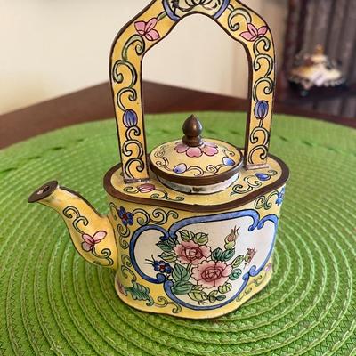Kelvin Chen Enamel Teapot Yellow with Pink Peonies