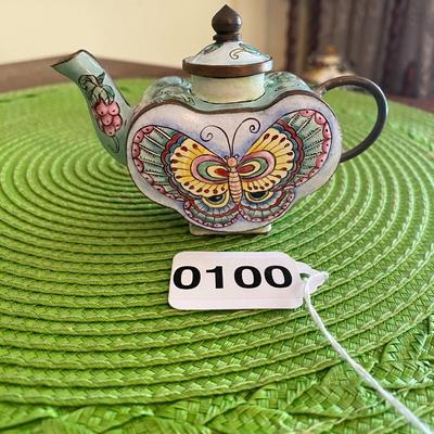 Cloisonne Miniature Heart Shaped Butterfly Teapot 