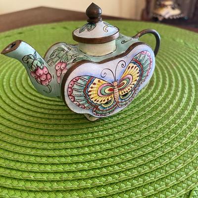 Cloisonne Miniature Heart Shaped Butterfly Teapot 
