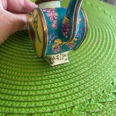 Cloisonne Miniature Heart Shaped Teapot Bows and Fruit