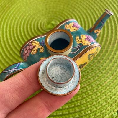 Cloisonne Miniature Heart Shaped Teapot Bows and Fruit