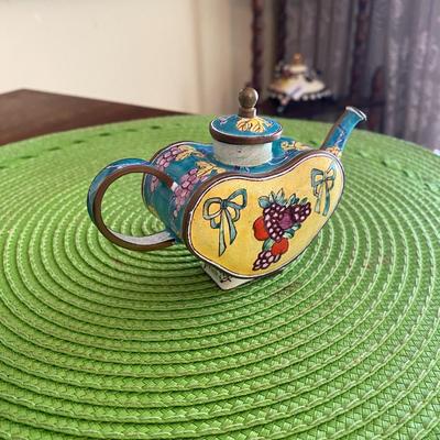Cloisonne Miniature Heart Shaped Teapot Bows and Fruit