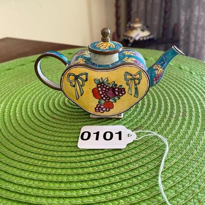 Cloisonne Miniature Heart Shaped Teapot Bows and Fruit