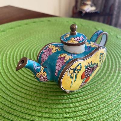 Cloisonne Miniature Heart Shaped Teapot Bows and Fruit