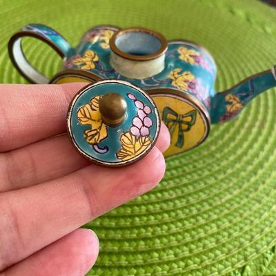Cloisonne Miniature Heart Shaped Teapot Bows and Fruit