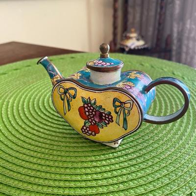 Cloisonne Miniature Heart Shaped Teapot Bows and Fruit