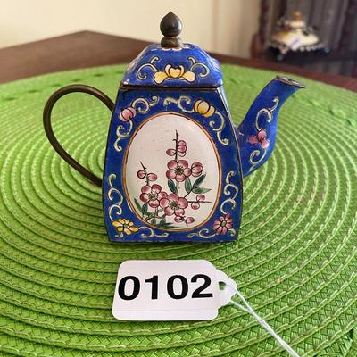 Cloisonne Miniature Teapot Blue with Cherry Blossoms