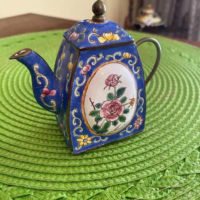 Cloisonne Miniature Teapot Blue with Cherry Blossoms
