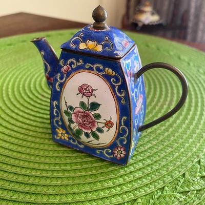 Cloisonne Miniature Teapot Blue with Cherry Blossoms
