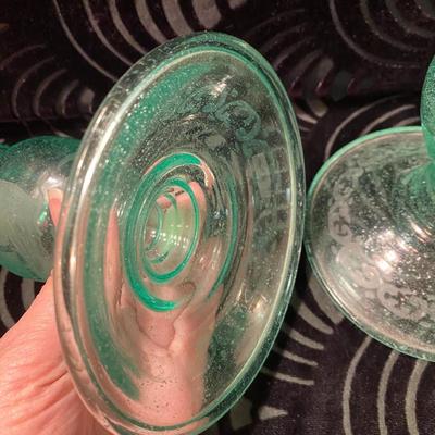 Pair of Midcentury Frosted Uranium Green Glass Candle Holders w Etched Maritime Design