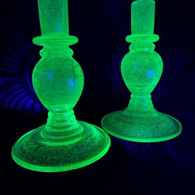 Pair of Midcentury Frosted Uranium Green Glass Candle Holders w Etched Maritime Design