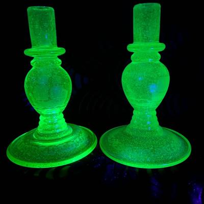 Pair of Midcentury Frosted Uranium Green Glass Candle Holders w Etched Maritime Design
